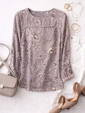 LOFT Floral Blouse XL Lavender Long Sleeve Feminine Top
